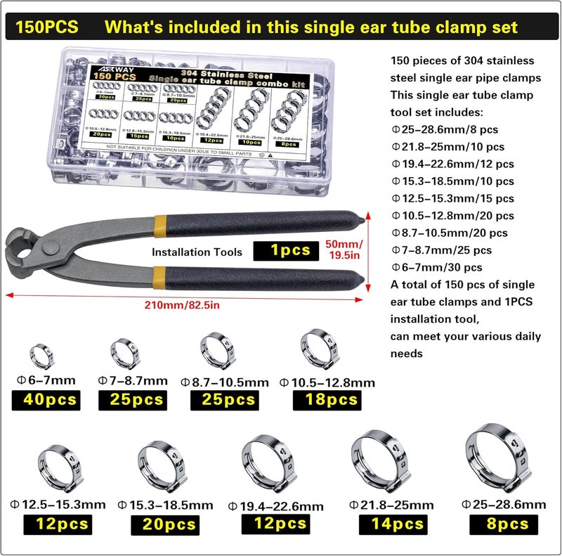 AskWay Store Single Ear Hose Clamp 6-28Mm 150 Pcs 10 Sizes, 304 Stainless Steel Stepless Hose Clamp, Suitable For Pex Pipe Connection, Automotive, Pipeline, Garden And Industrial Use - Image 3